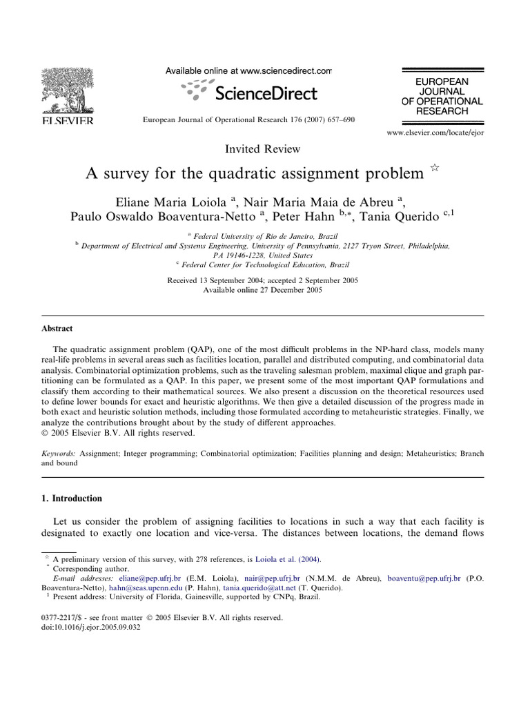 Loiola Et Al. (2007) A Survey For The Quadratic Assignment Problem ...