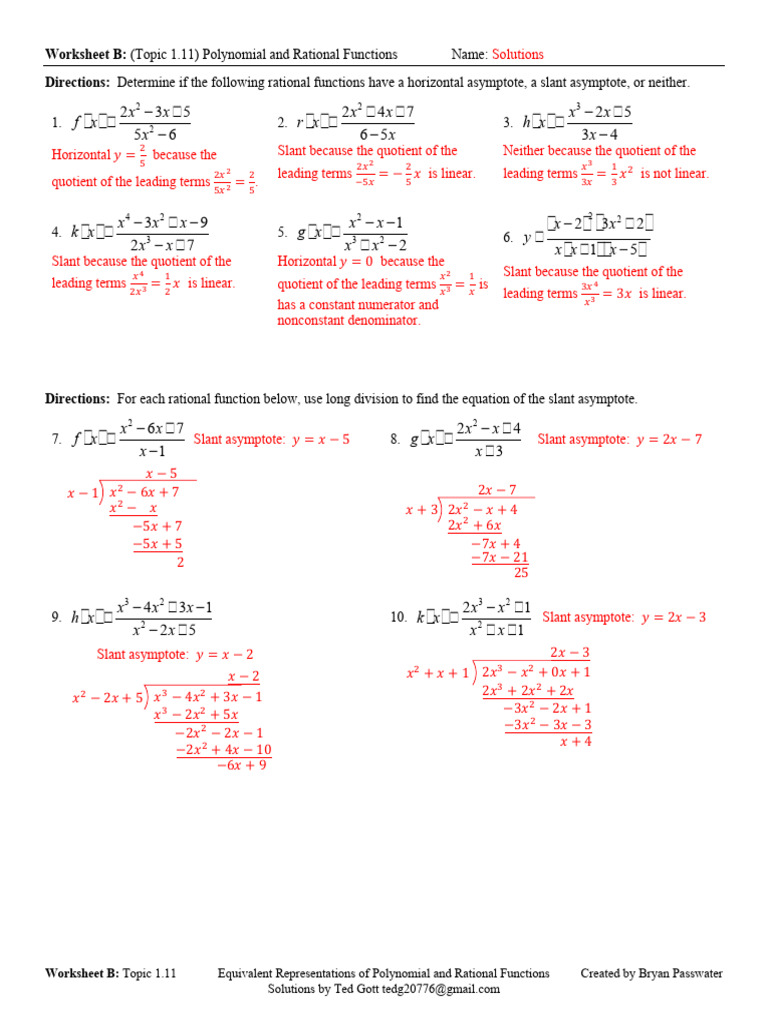 Worksheet B Key Topic 1.11 Equivalent Representations of Polynomial and ...