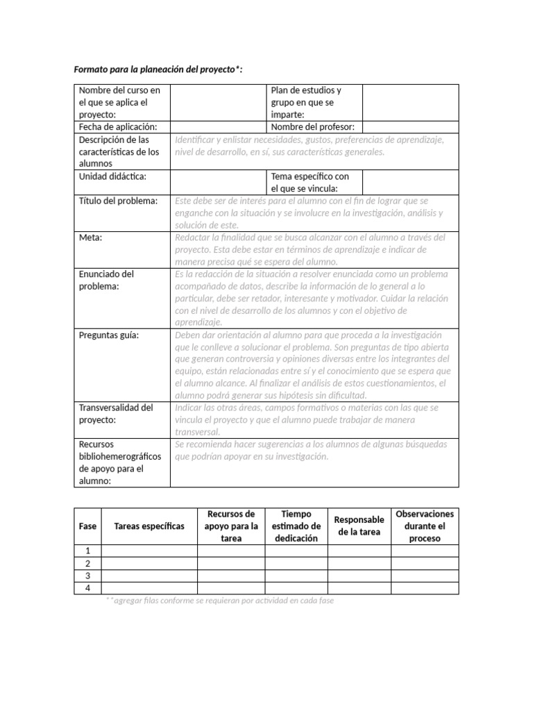 Formato para La Planeación Del Proyecto | PDF | Aprendizaje | Planificación