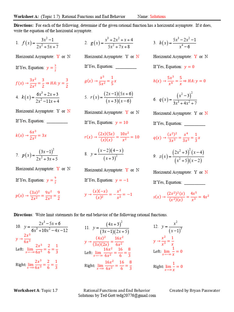Worksheet a Key Topic 1.7 Rational Functions and End Behavior | PDF ...