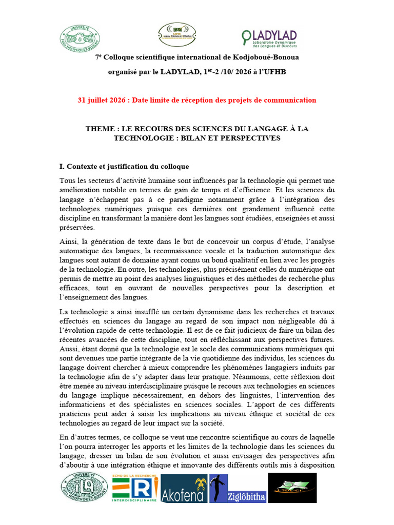 TDR Colloque de Kodjoboué-Bonoua 2026 | PDF | Science | Linguistique