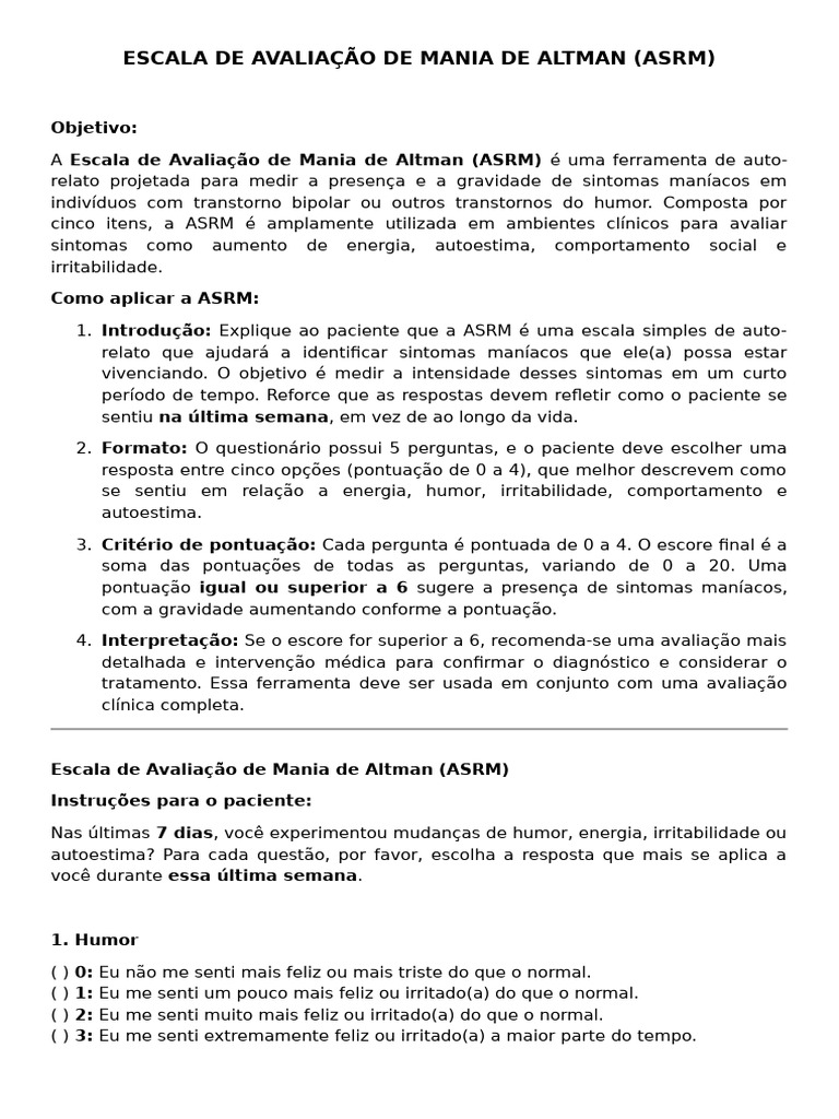 Escala de Mania de Altman (Asrm) | PDF | Mania | Transtorno bipolar