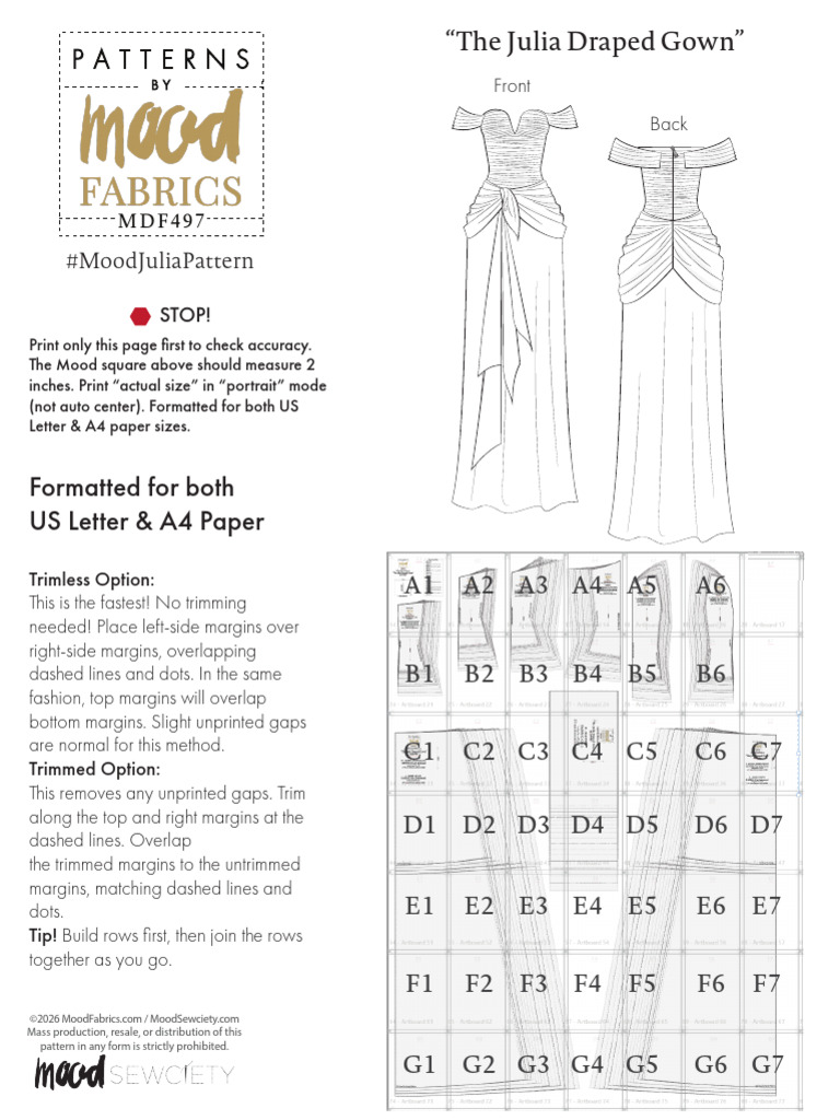 MDF497 Julia Draped Gown Free Sewing Pattern A4 Letter Patterns Mood ...