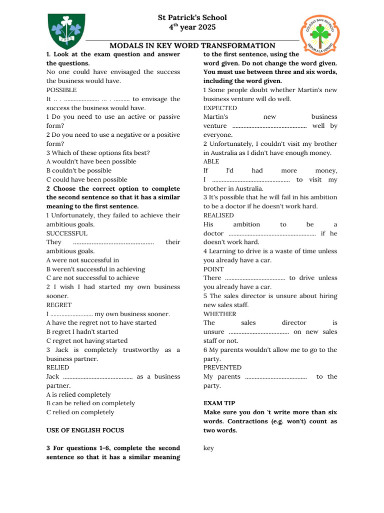 Key Word Transformation + Modals | PDF | Linguistics
