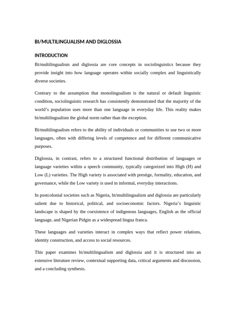 Bi Multilingualism and Diglossia | PDF | Multilingualism | Sociolinguistics