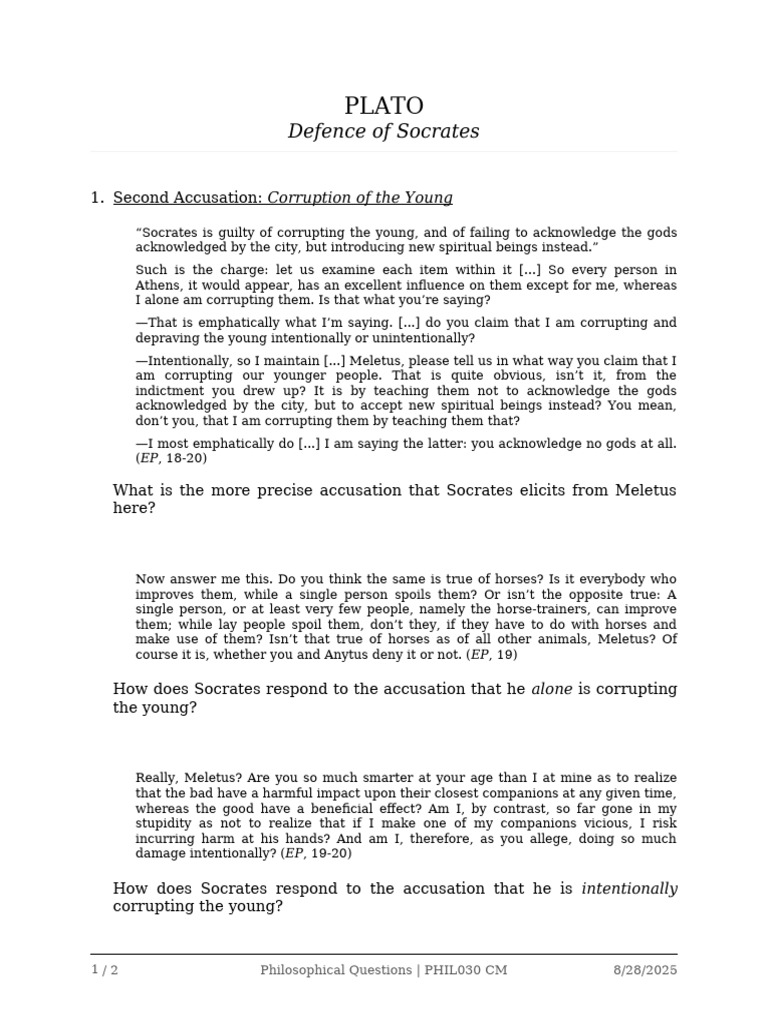 8.28 - Plato Handout | PDF | Socrates | Apology (Plato)