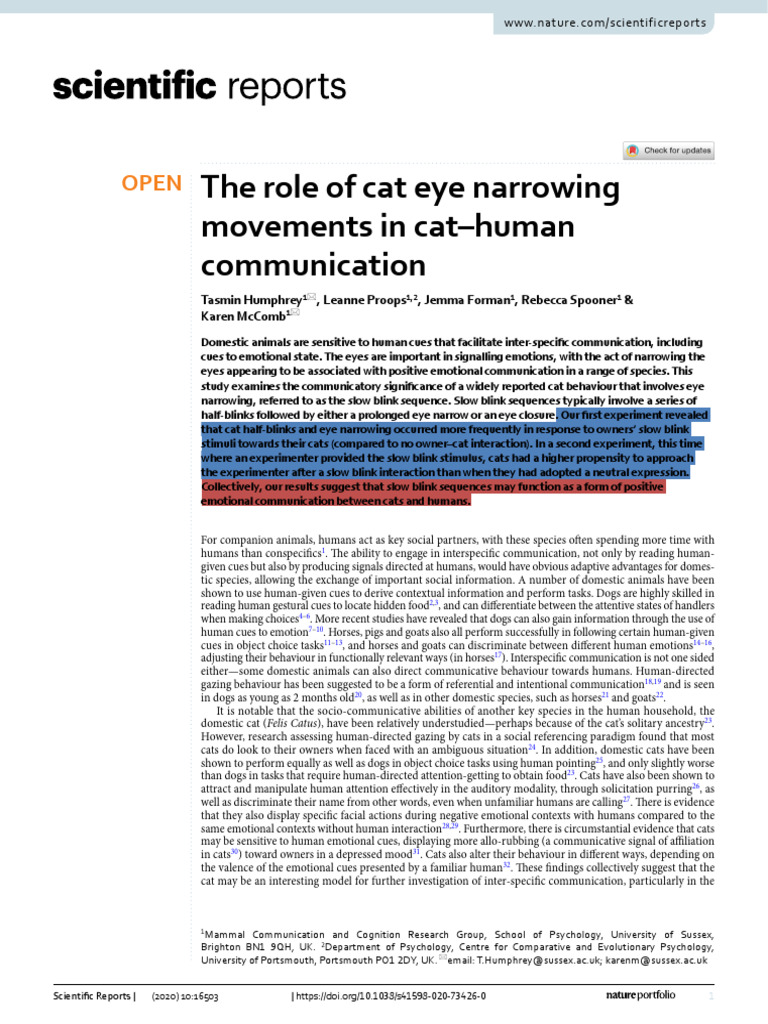 Humprey Et Al., 2020 - Cats - Research Article | PDF | Experiment | Cats