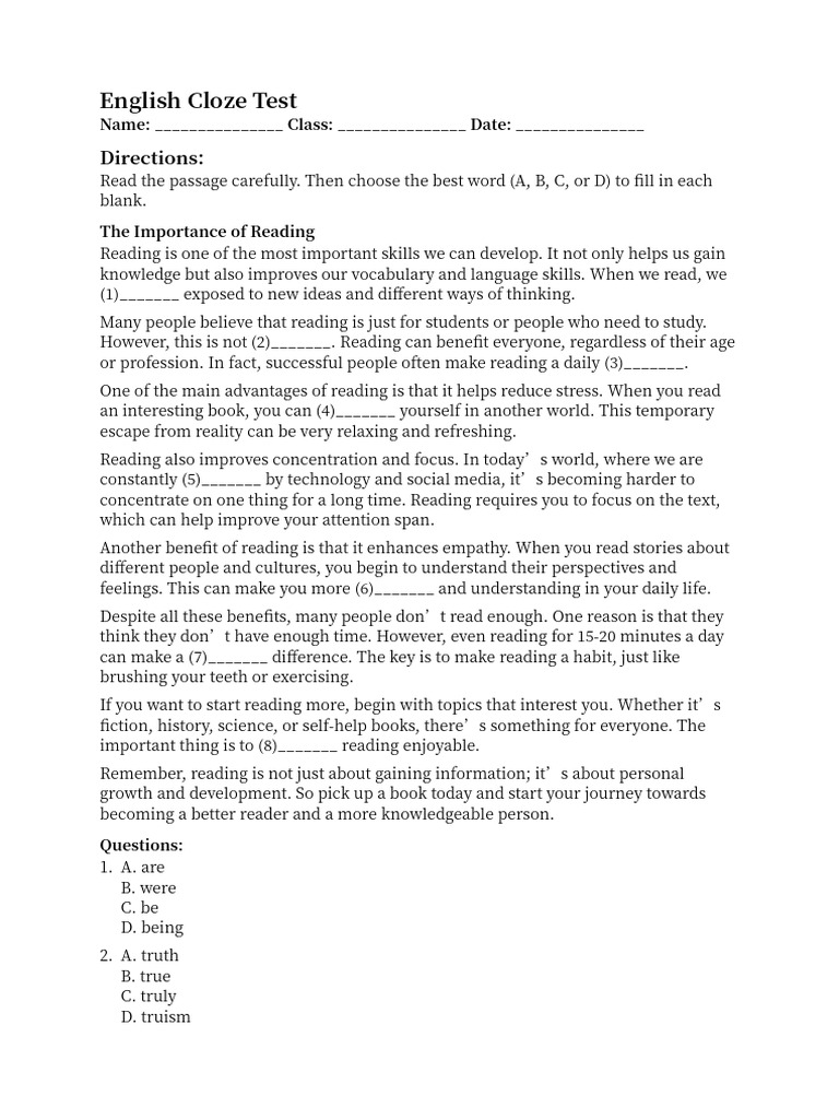 English Cloze Test(1) | PDF | Cognition | Learning
