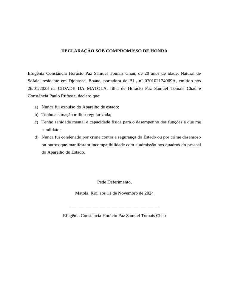 Declaração Sob Compromisso de Honra Efugênia | PDF