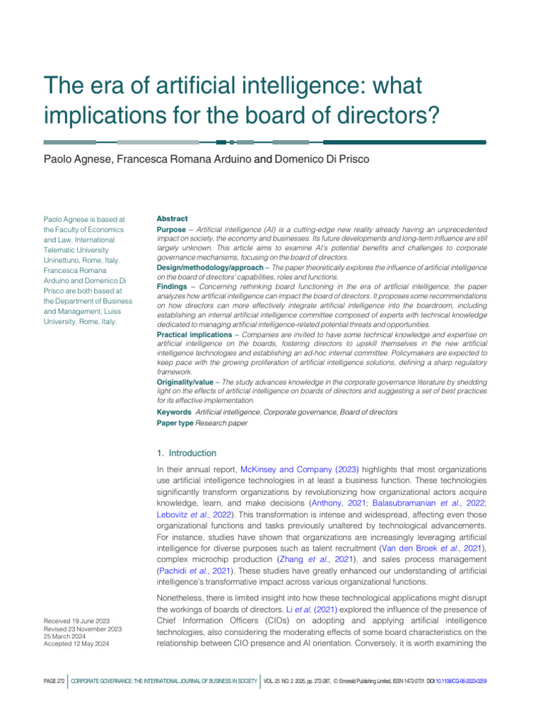 The Era of Artificial Intelligence - What Implications for the Board of ...