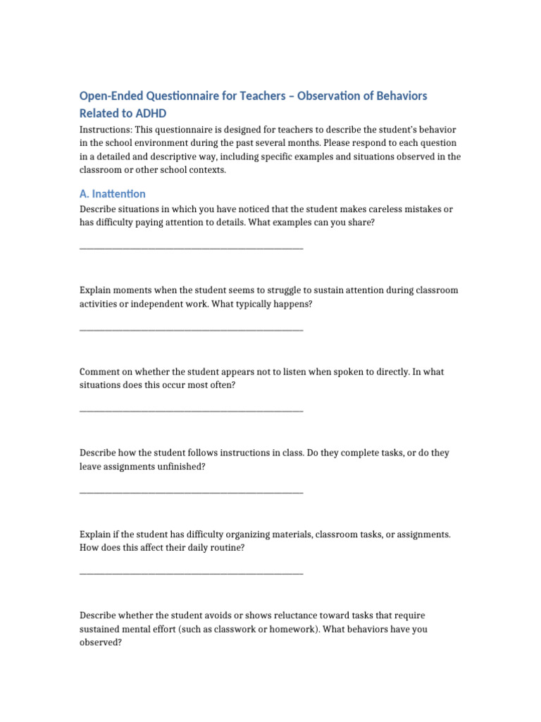 ADHD Teacher Questionnaire | PDF | Attention Deficit Hyperactivity ...