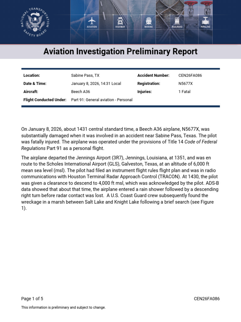 NTSB Preliminary Report On Jan. 8 Sabine Pass Fatal Plane Crash | PDF ...