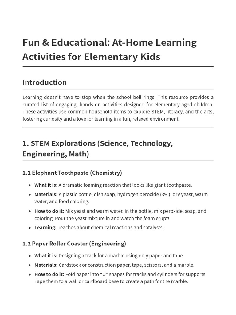 Elementary at Home Learning Activities | PDF