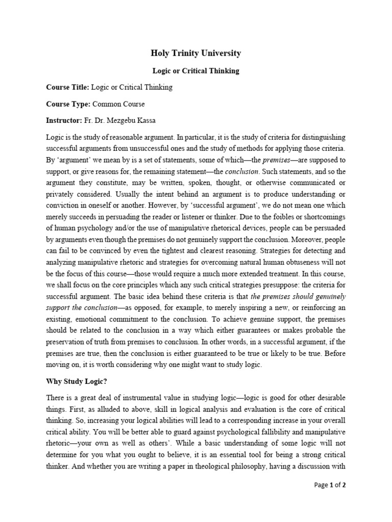 Logic - Critical Thinking Course Outline | PDF | Logic | Argument