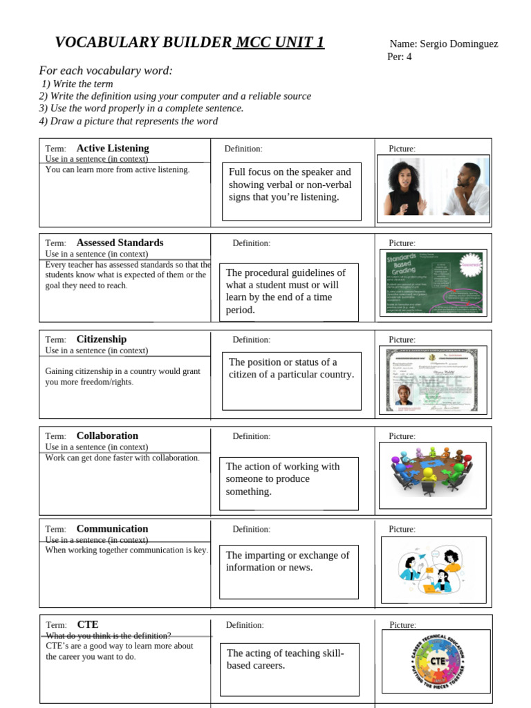 02a. MCC Unit 1 VOCABULARY BUILDER Worksheet | PDF | Communication ...