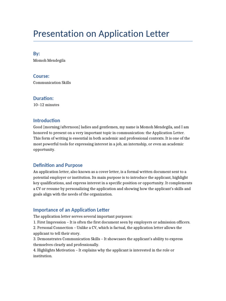 Application Letter Presentation | PDF | Résumé | Communication