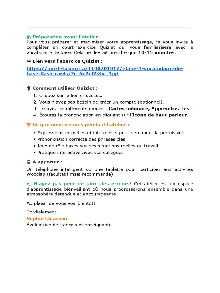 Exercices Quizlet-Avant L'atelier | PDF