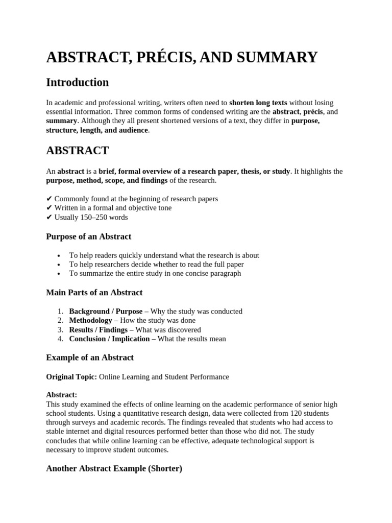 LESSON 9 Abstract Precis and Summary | PDF | Abstract (Summary ...