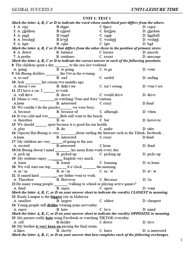 TEST BỔ TRỢ UNITs (E8) | PDF | Hobbies