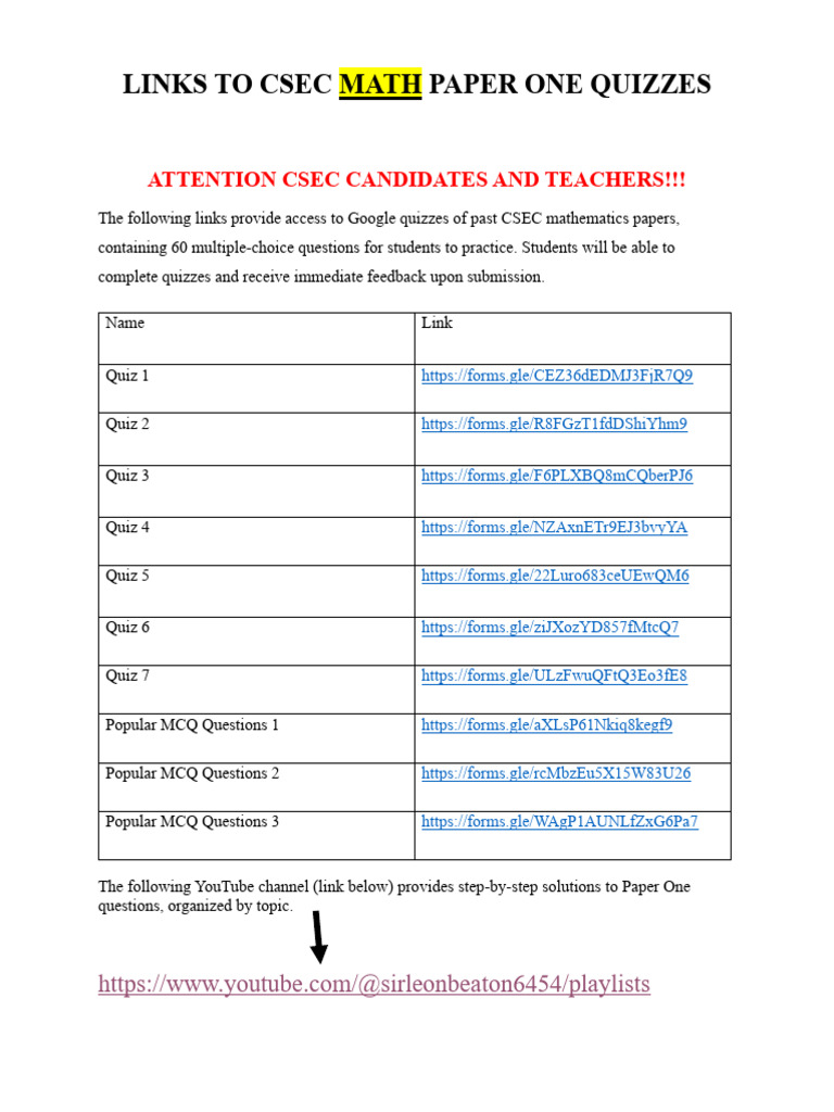 (Updated) Links To Csec Math Paper One Quizzes | PDF