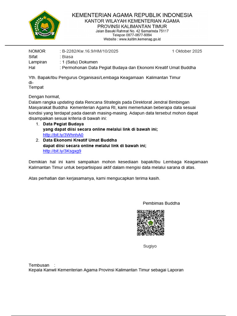 Surat Permohonan Data Pegiat Budaya & Ekonomi Kreatif Umat Buddha | PDF