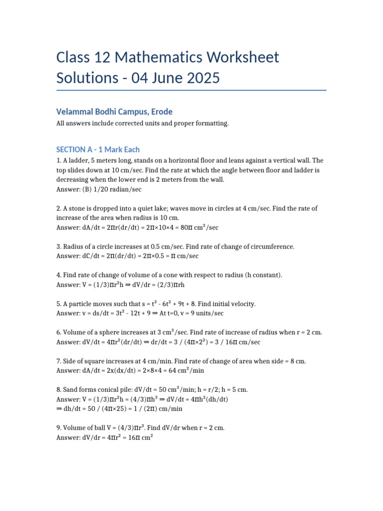 Class 12 Maths Answers 04 June 2025 | PDF
