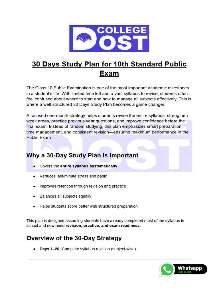 30 Days Study Plan For 10th Standard Public Exam | PDF | Mathematics