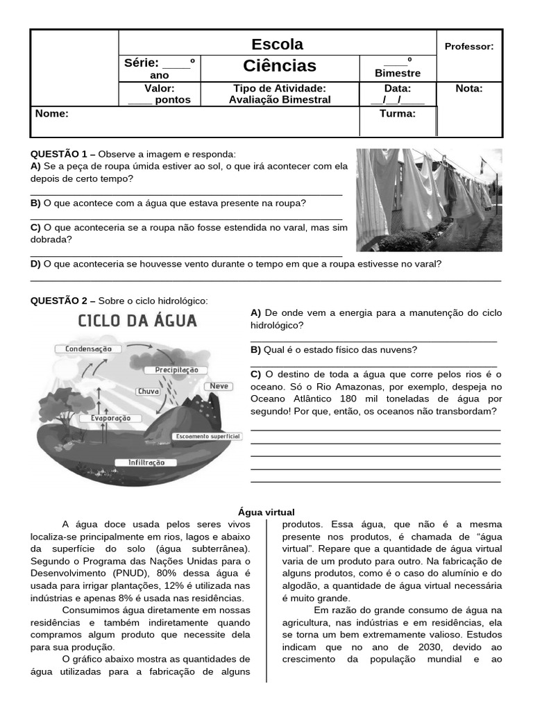 Avaliação - Ciências - Água - 6º ANO | PDF | Estado | Agricultura