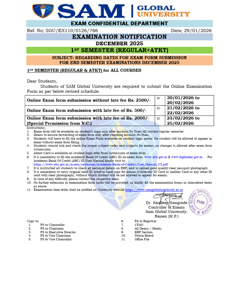 Circular For Sgu Exam Form 1st Semester Dec. 2025 | PDF