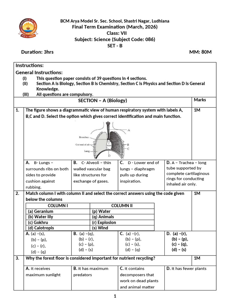 Set B - Question Paper - Final Term - 2026 - Class 7 - Science | PDF ...