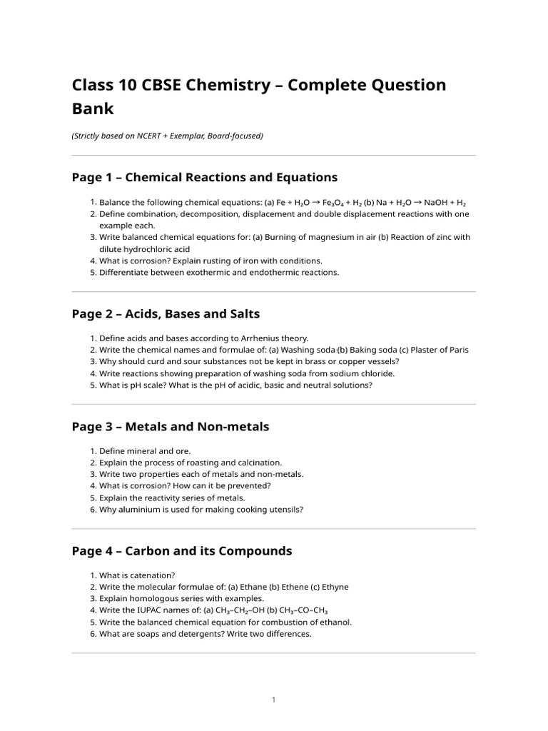 Class 10 Cbse Chemistry Question Bank | PDF | Materials | Chemical ...