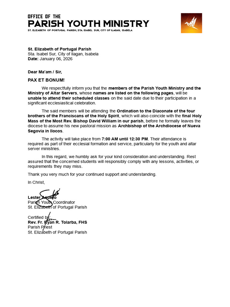 Deaconate Ordination Excuse Letter Approved | PDF | Deacon | Parish