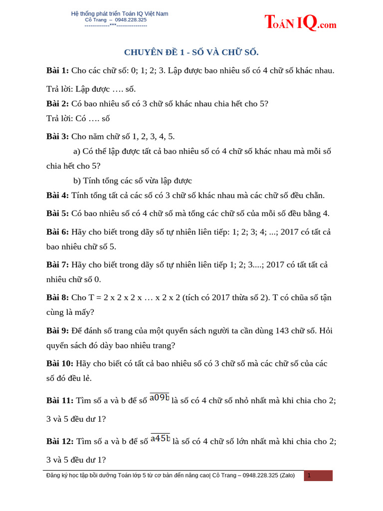 Chuyen de 1 - Cac Bai Toan Ve So, Chu So | PDF