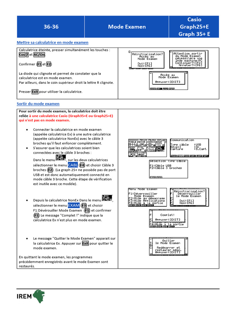 Mode Examen Casio Graph 35 Plus E 11 2017 PDF USB Calculatrice — free download