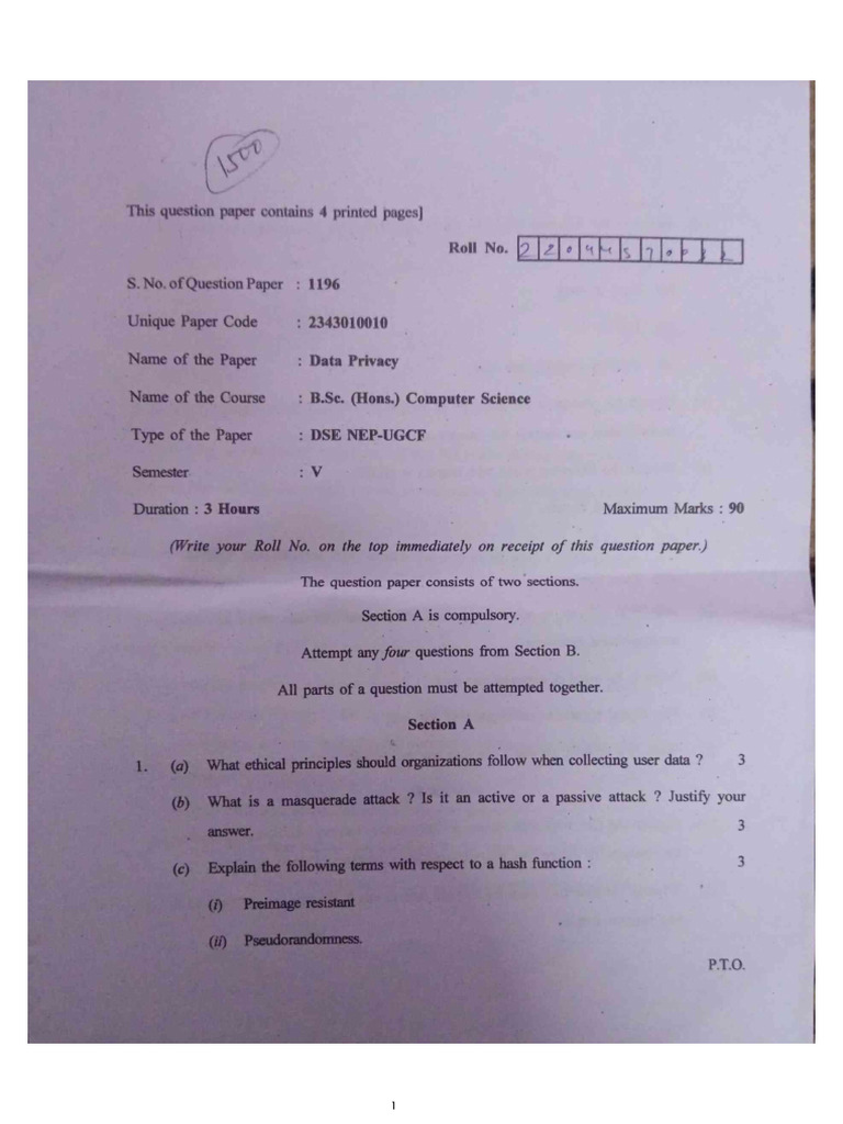 DATA PRIVACY Question Paper | PDF