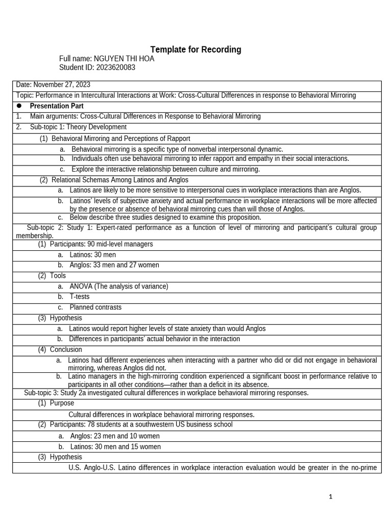 阮氏花Template for Recording (2) | PDF | Cross Cultural Communication ...