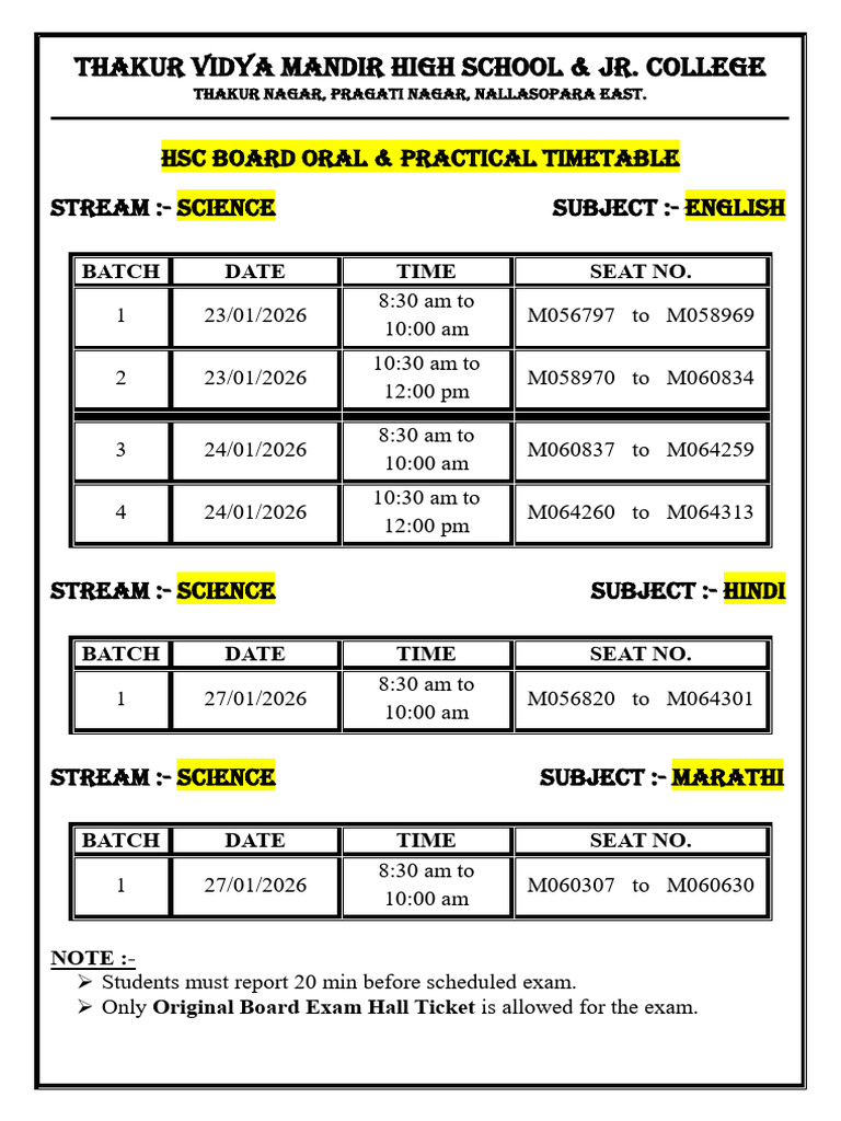 HSC Board Oral & Practical Exam 2026 Timetable (All Subjects) | PDF ...