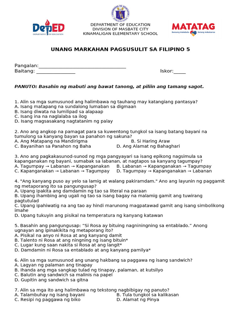 Test Paper Filipino 5 - Edited | PDF