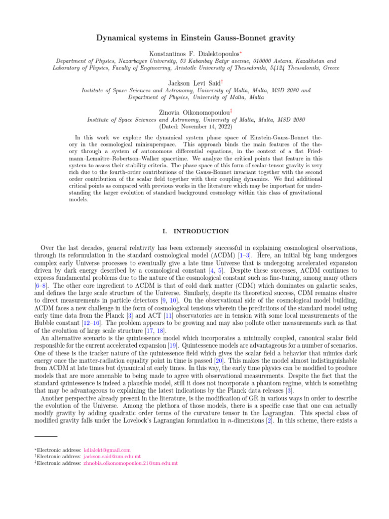 Dynamical Systems in Einstein Gauss-Bonnet Gravity: Jackson - Said@um ...
