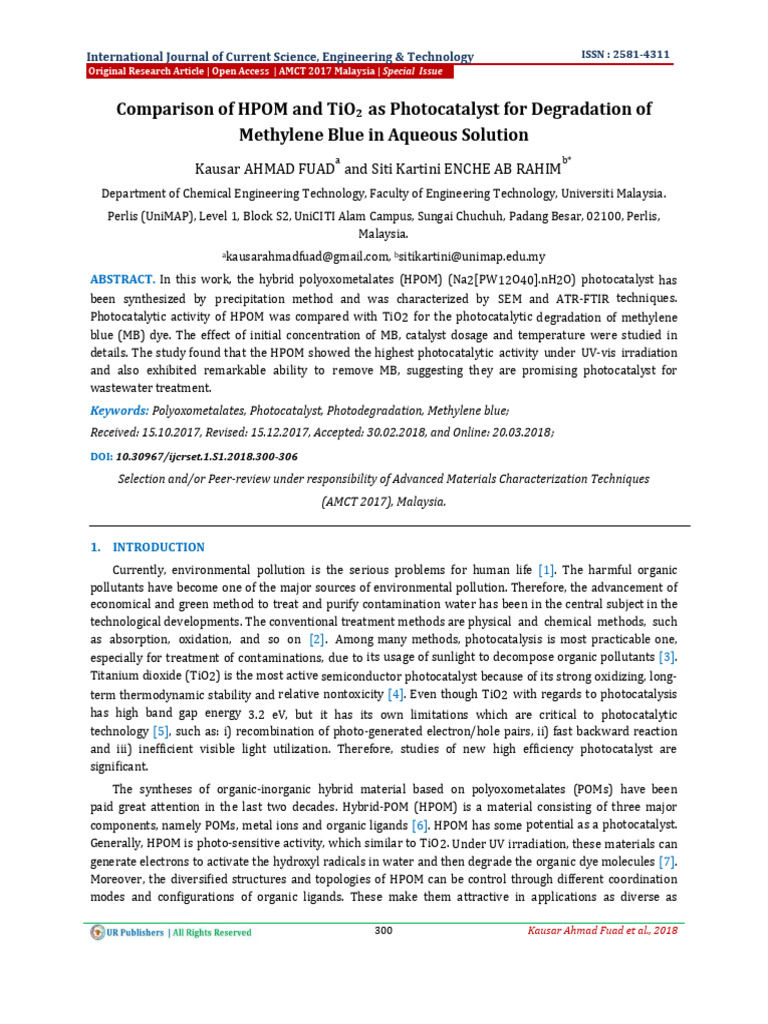 Comparison of HPOM and TiO2 As Photocatalyst For Degradation of ...