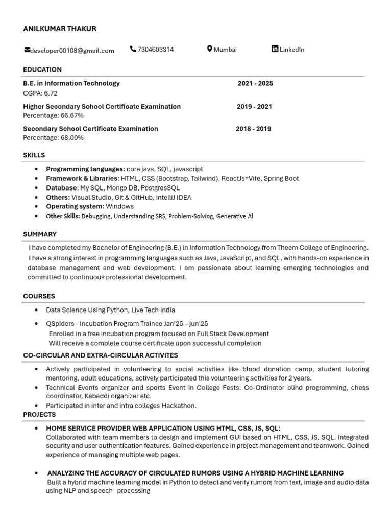 AnilT Resume | PDF | Computer Programming | Web Development