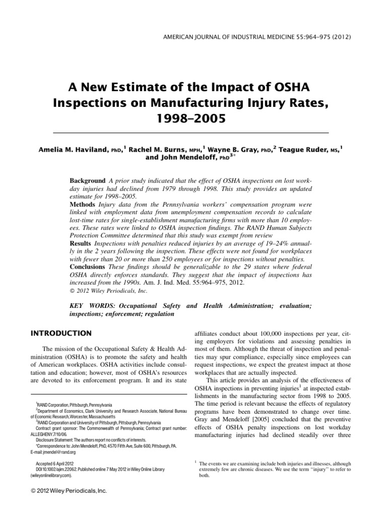 Haviland OSHA Inspections Manufacturing Injury Rates AJIM 2012 | PDF ...