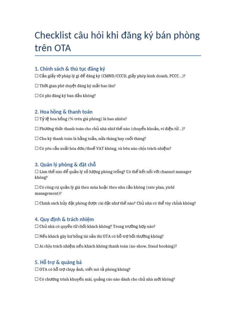 Checklist Cau Hoi OTA | PDF