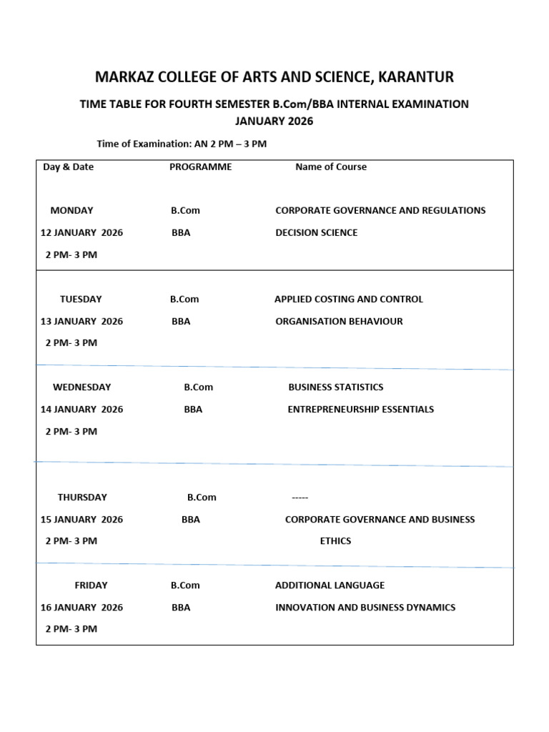 Exam Time Table Fourth Sem Bcom Bba January 2026 New | PDF