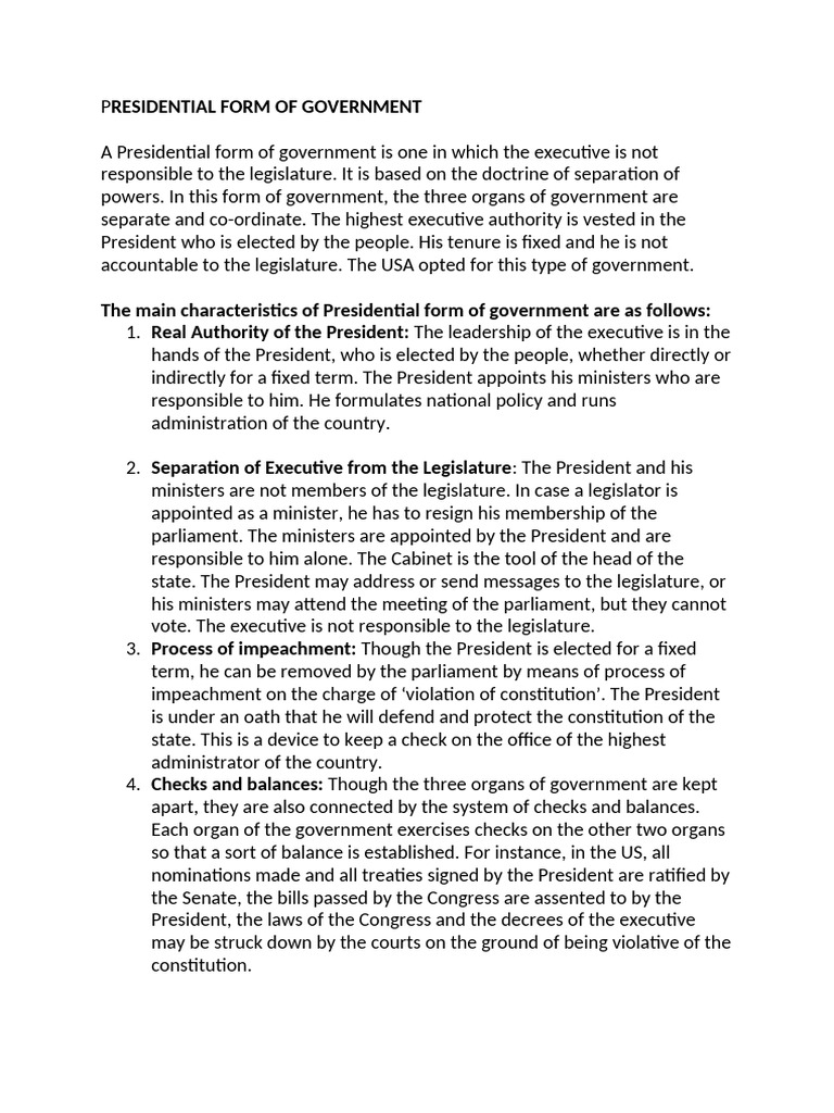 Presidential Form of Government | PDF | Presidents Of The United States ...