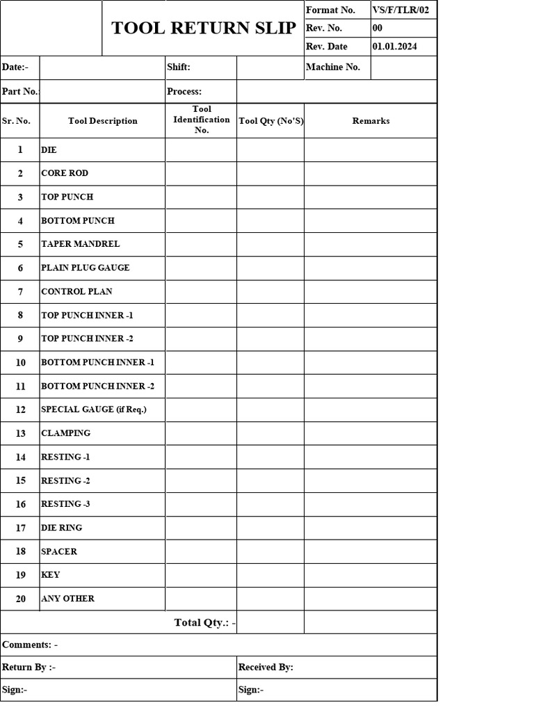 Vs-f-tlr-02 Tool Return Slip | PDF