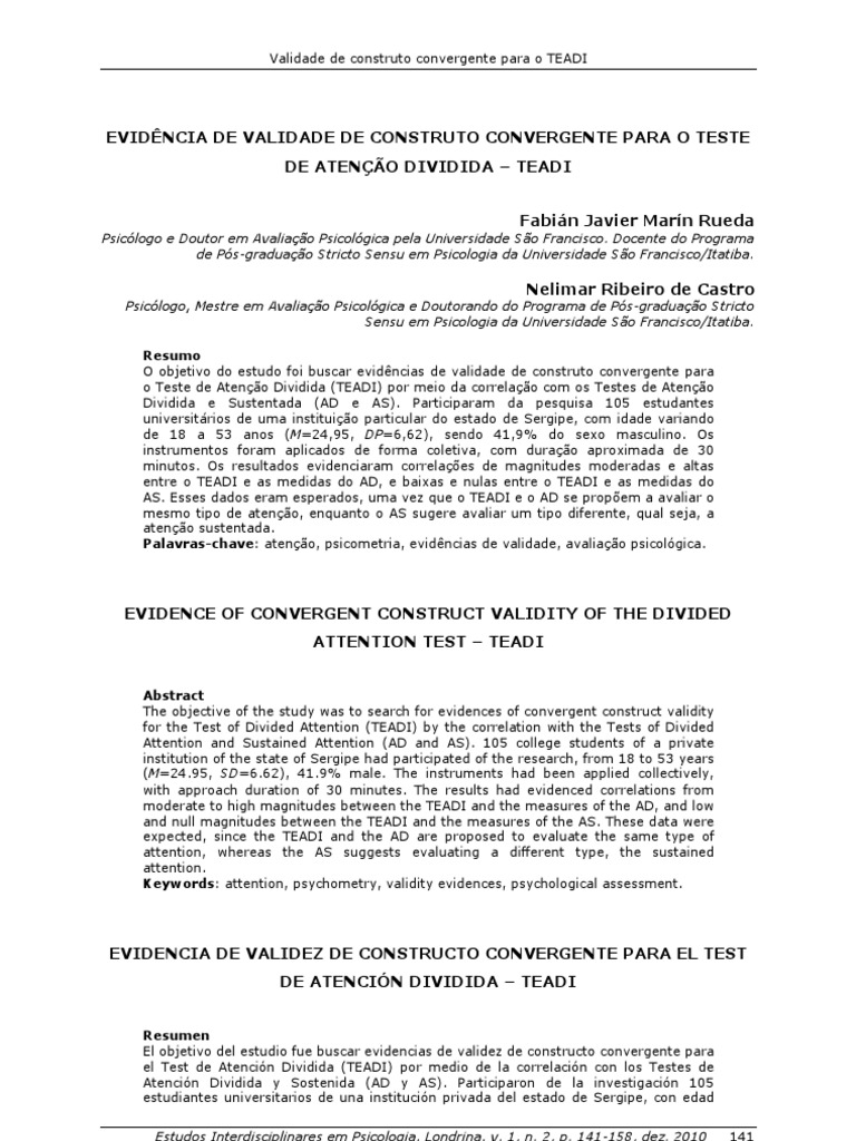 Validade do TEADI em Atenção Dividida | PDF | Tempo | Psicologia