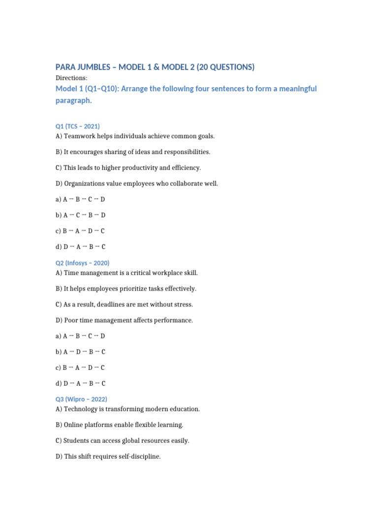 Para Jumbles 20 Questions Model1 Model2 For Class Discussion | PDF ...
