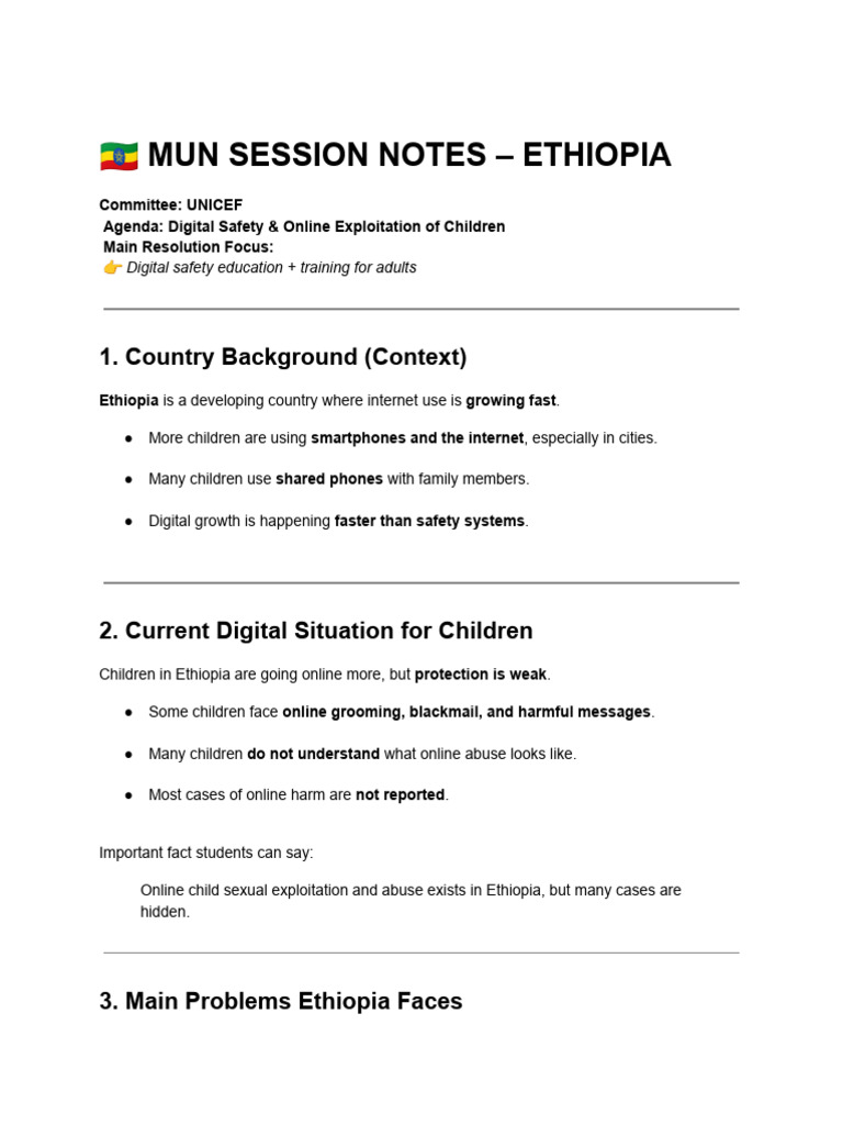 ?? Mun Session Notes - Ethiopia | PDF | Child Protection | Cyberbullying