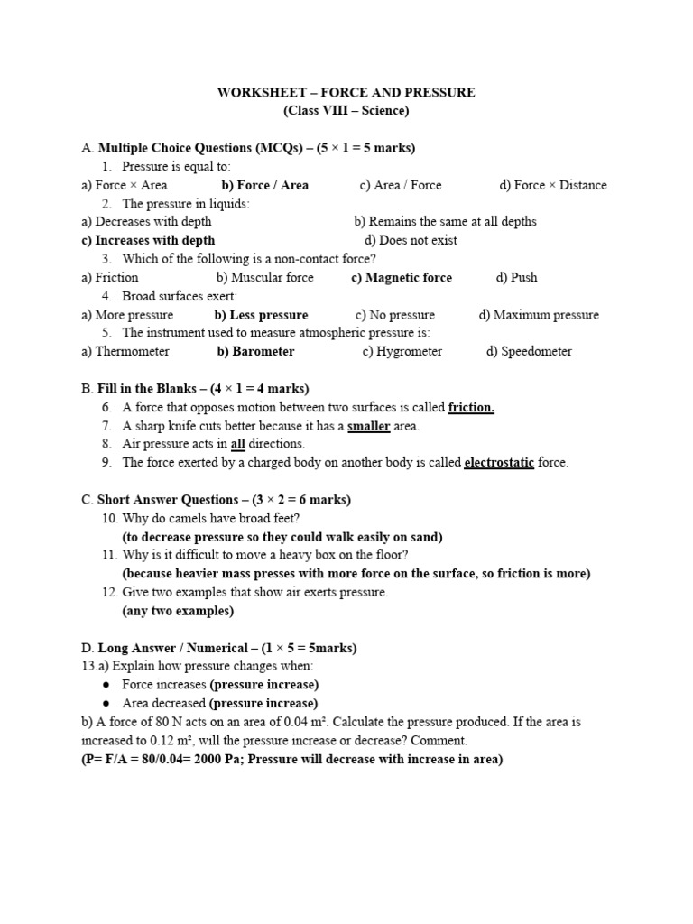 WORKSHEET - Force and Pressure (Class VIII - Science) | PDF